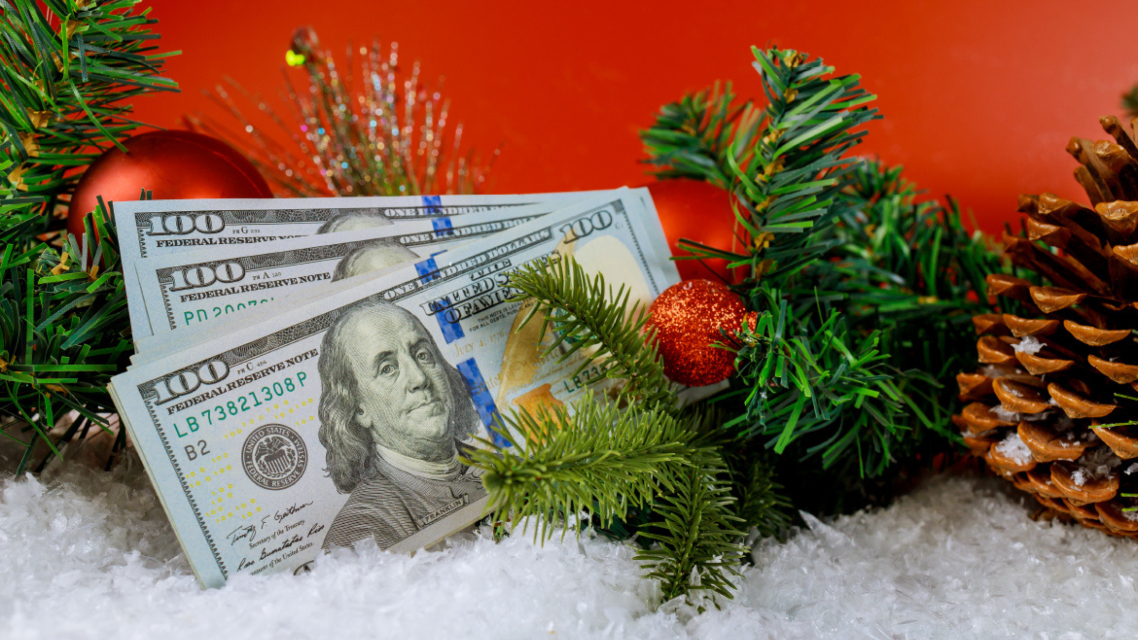 Stack of $100 bills surrounded by Christmas greenery